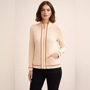 St. John Sport Cream Emblem Zip Up Sweater Size Small